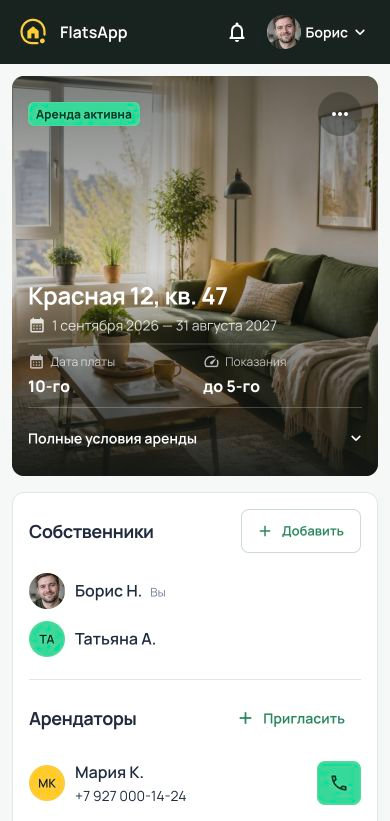 Объект в FlatsApp: активная аренда, условия на фотографии и участники
